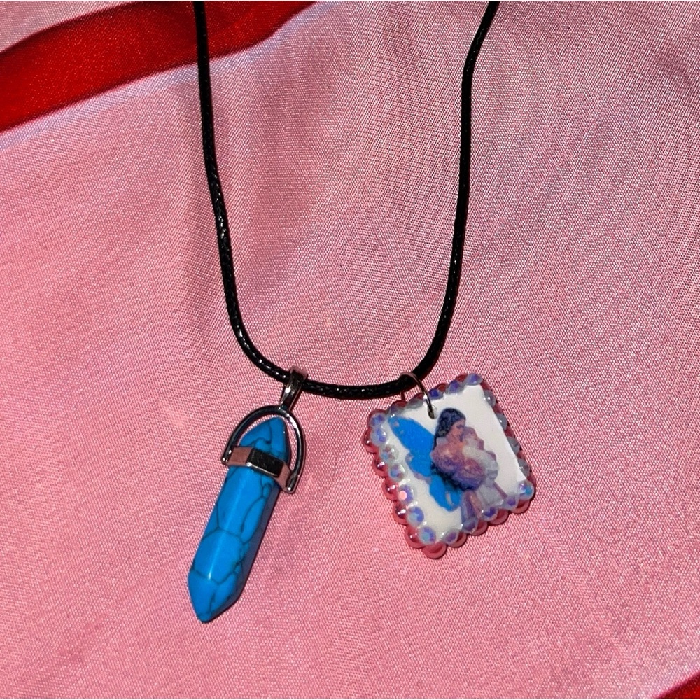 Blue Crystal Pendant and Fairy Charm Necklace